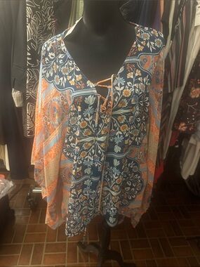 West Kei Navy and Orange Floral Lace-Up Boho Tunic
